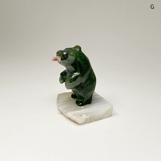 Jade Bear Carving with Rhodonite Fish on Base - Rocks and Gems Canada