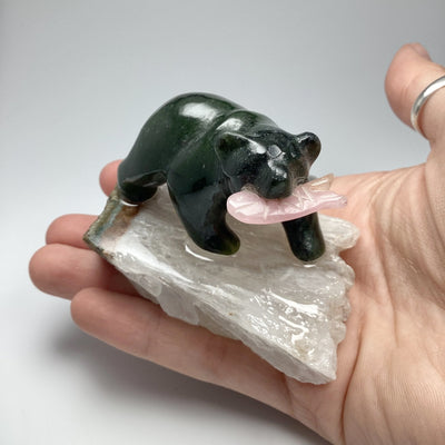 Jade Bear Carving with Rhodonite Fish on Natural Agate Base