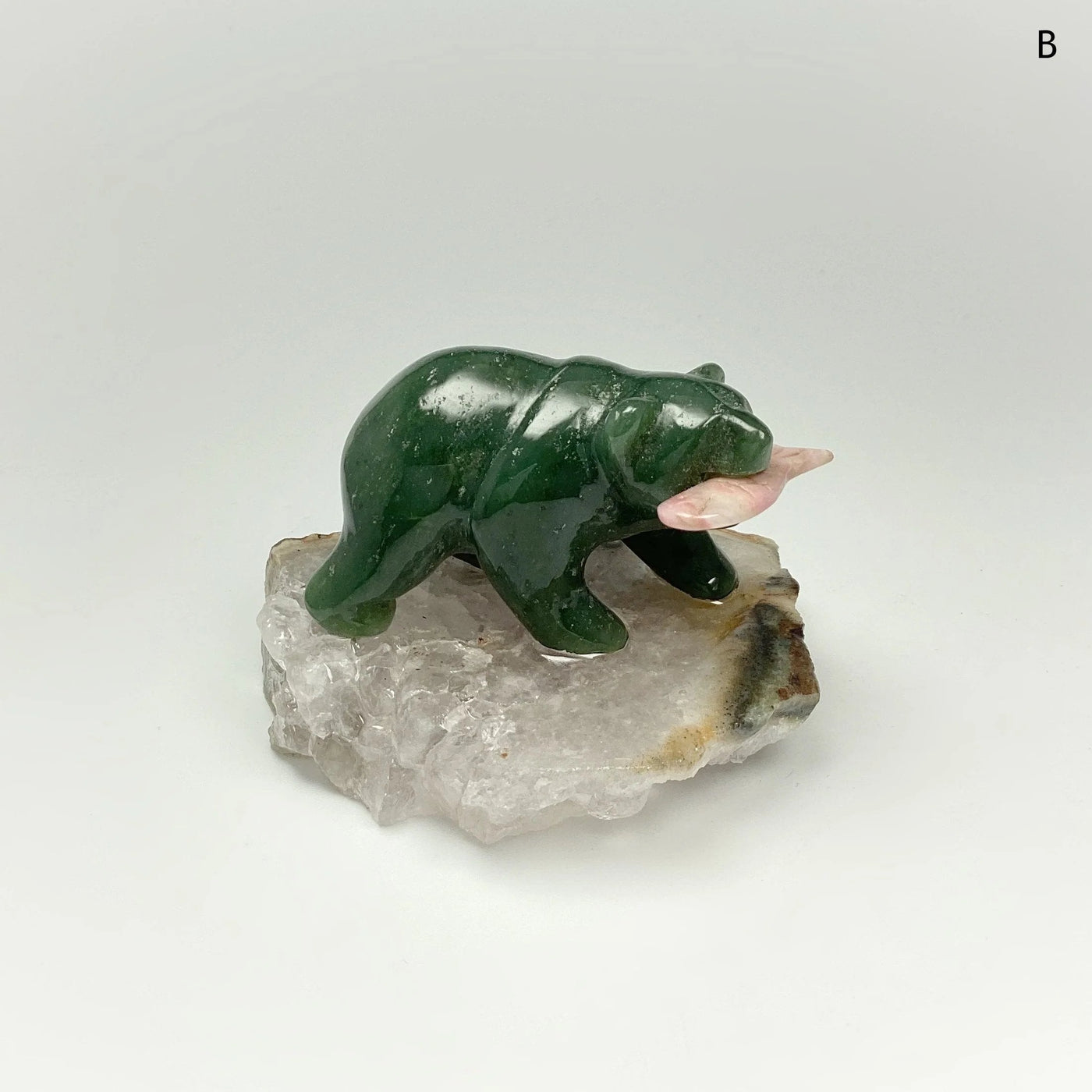 Jade Bear Carving with Rhodonite Fish on Natural Agate Base