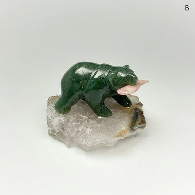Jade Bear Carving with Rhodonite Fish on Natural Agate Base
