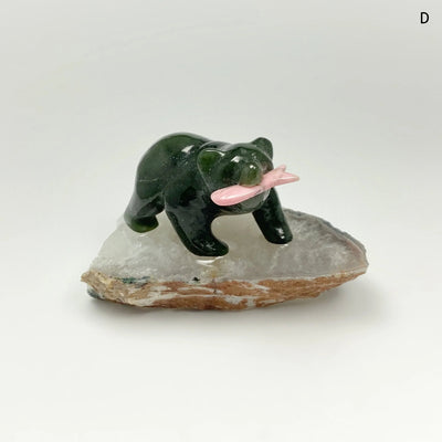 Jade Bear Carving with Rhodonite Fish on Natural Agate Base