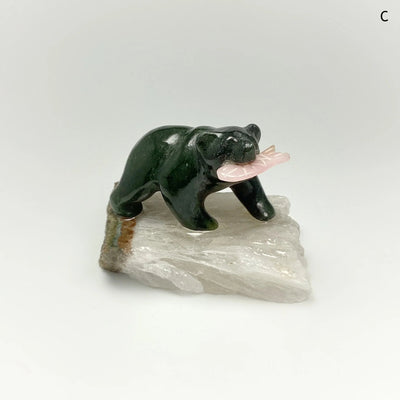 Jade Bear Carving with Rhodonite Fish on Natural Agate Base