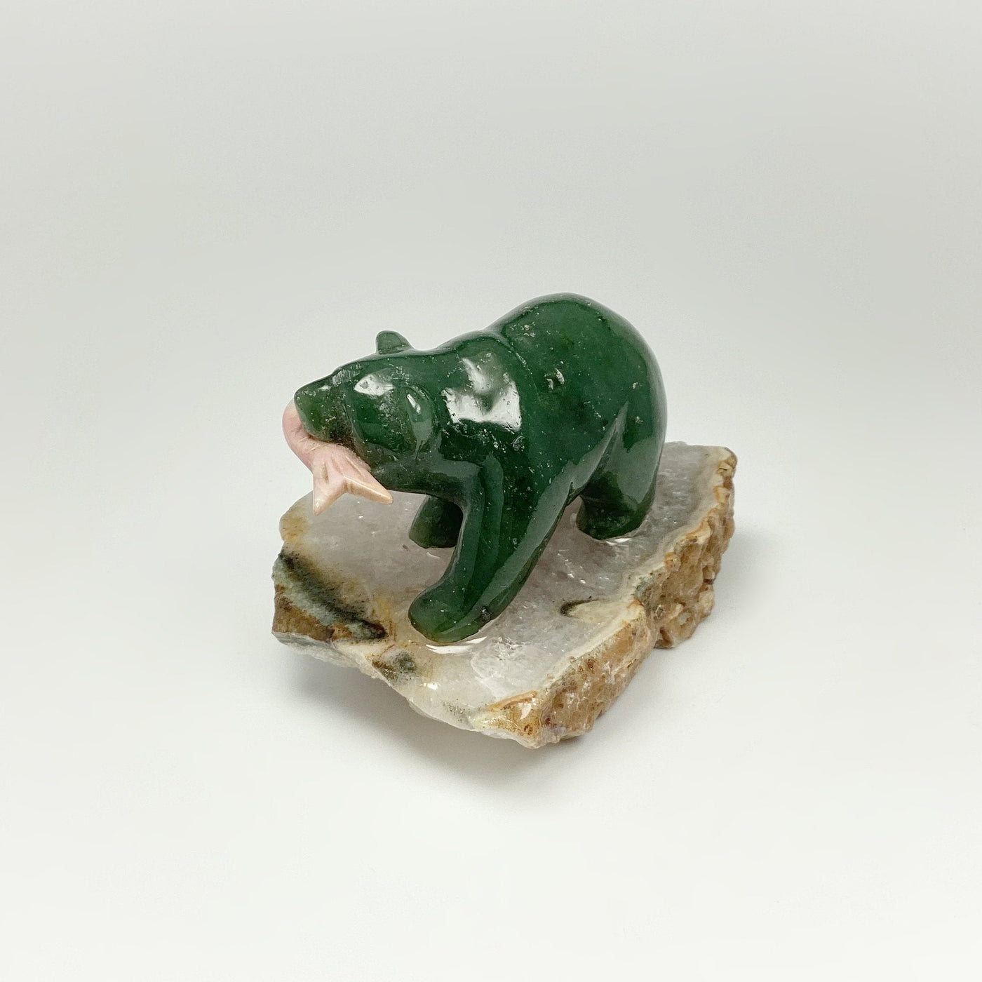 Jade Bear Carving with Rhodonite Fish on Natural Agate Base