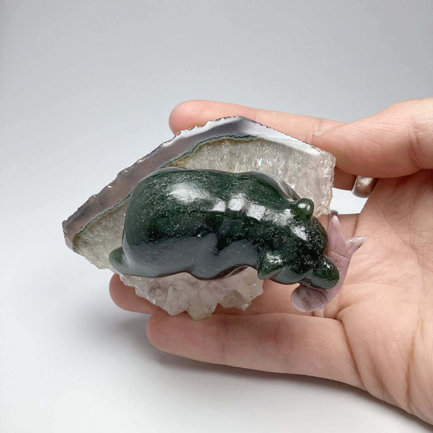 Jade Bear Carving with Rhodonite Fish on Natural Agate Base