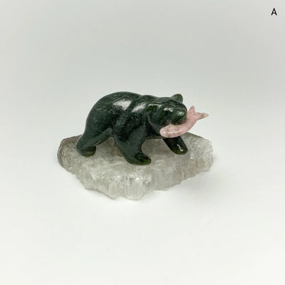 Jade Bear Carving with Rhodonite Fish on Natural Agate Base