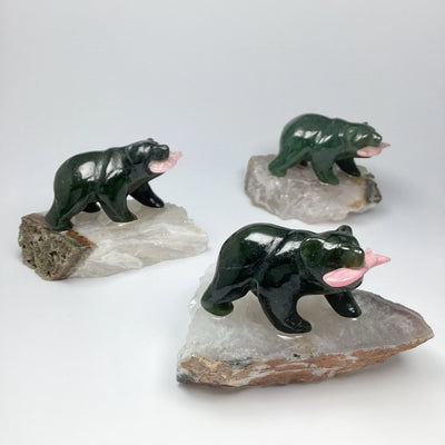 Jade Bear Carving with Rhodonite Fish on Natural Agate Base
