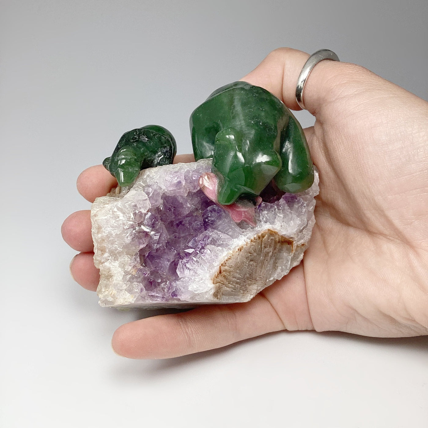 Jade Mother and Cub Bear Carving with Rhodonite Fish on Amethyst Base