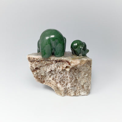 Jade Mother and Cub Bear Carving with Rhodonite Fish on Amethyst Base