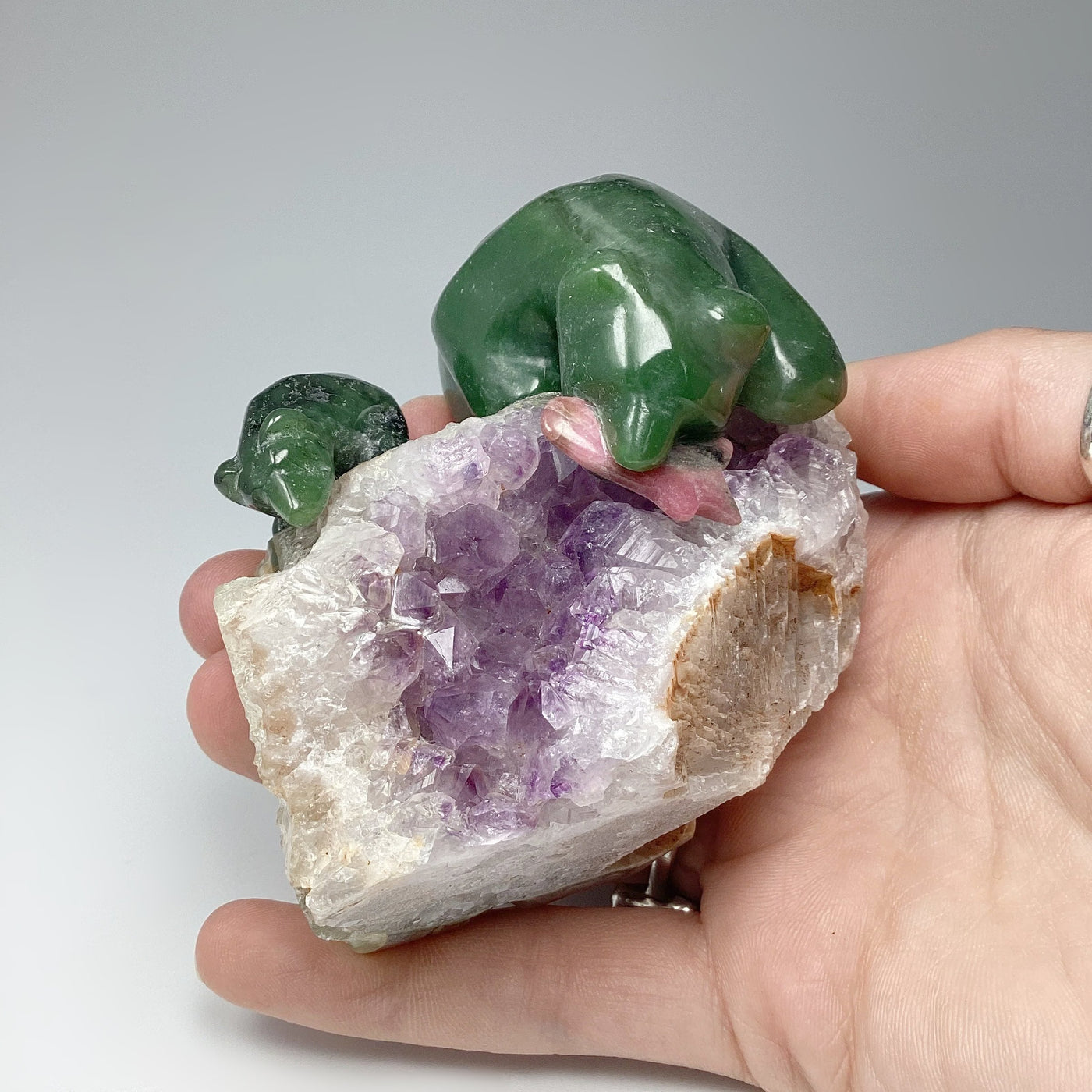 Jade Mother and Cub Bear Carving with Rhodonite Fish on Amethyst Base