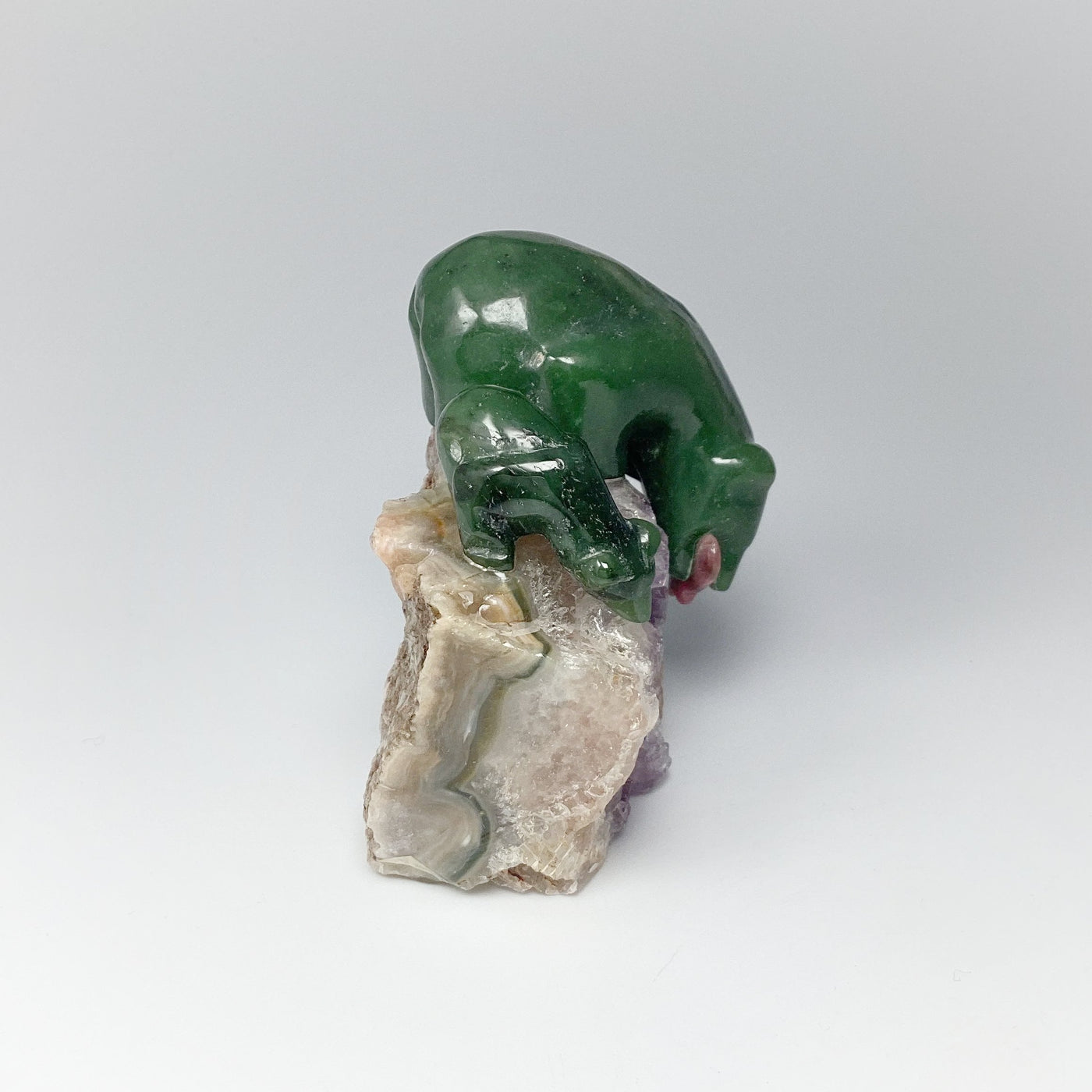 Jade Mother and Cub Bear Carving with Rhodonite Fish on Amethyst Base