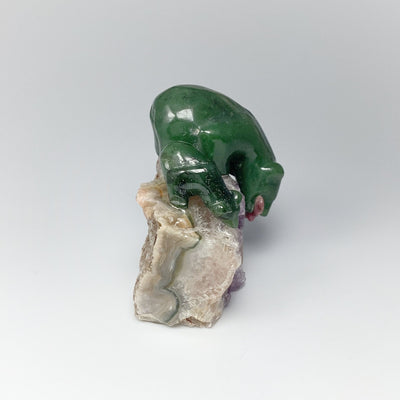 Jade Mother and Cub Bear Carving with Rhodonite Fish on Amethyst Base