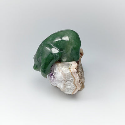 Jade Mother and Cub Bear Carving with Rhodonite Fish on Amethyst Base