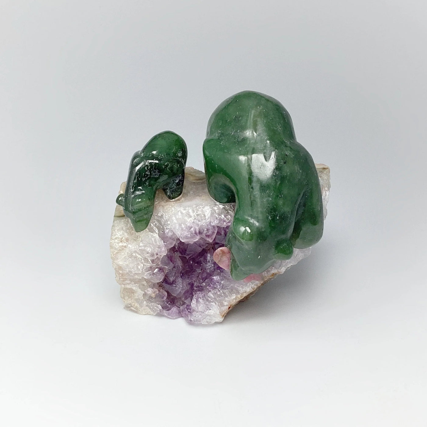 Jade Mother and Cub Bear Carving with Rhodonite Fish on Amethyst Base