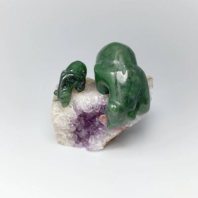 Jade Mother and Cub Bear Carving with Rhodonite Fish on Amethyst Base