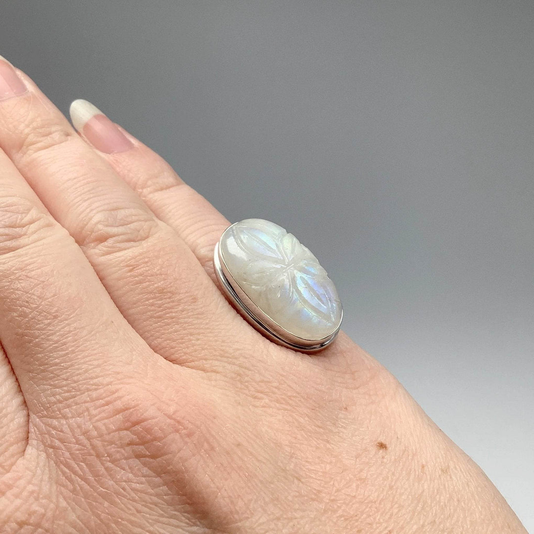 Rainbow Moonstone Flower Carving Ring-Rocks and Gems Canada