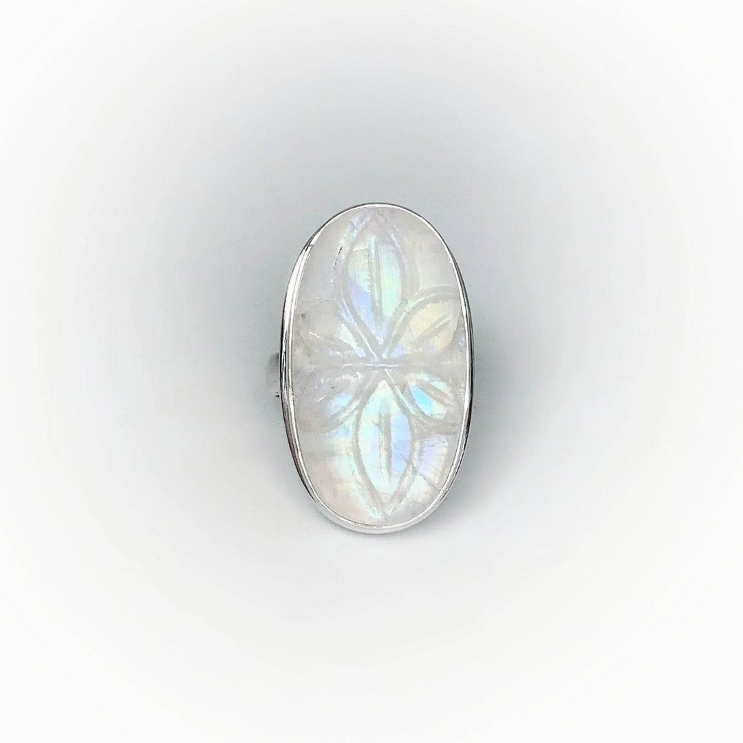 Rainbow Moonstone Flower Carving Ring-Rocks and Gems Canada