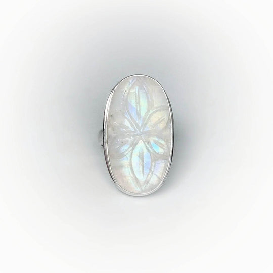 Rainbow Moonstone Flower Carving Ring-Rocks and Gems Canada