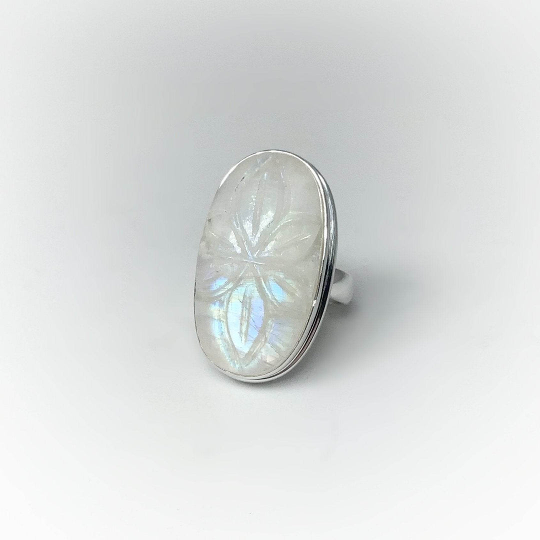 Rainbow Moonstone Flower Carving Ring-Rocks and Gems Canada
