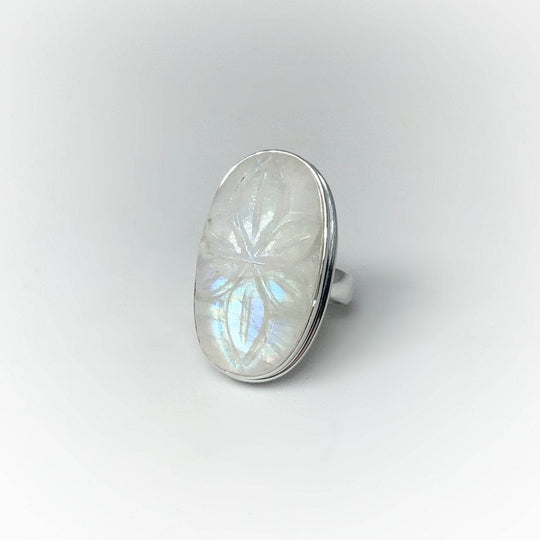 Rainbow Moonstone Flower Carving Ring-Rocks and Gems Canada