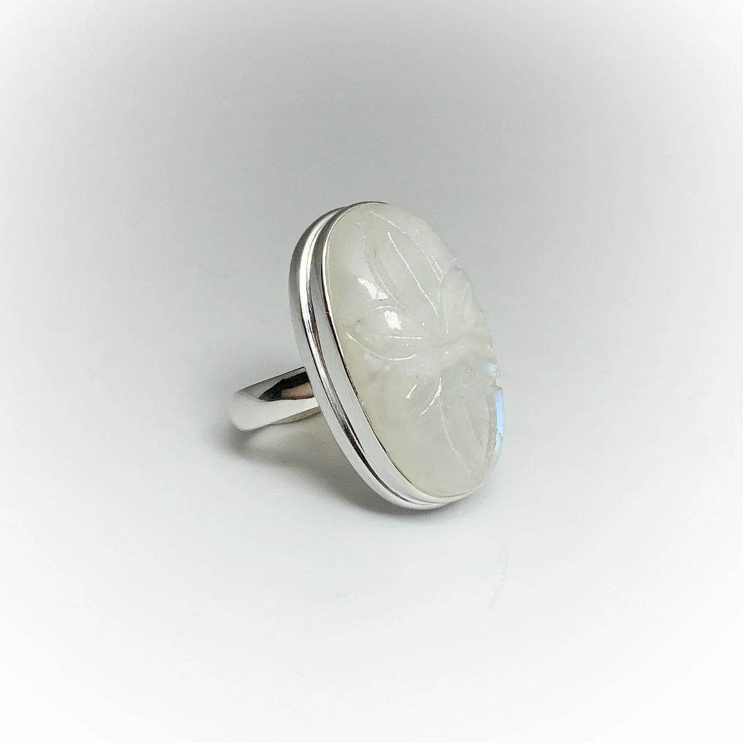 Rainbow Moonstone Flower Carving Ring-Rocks and Gems Canada