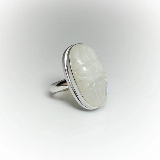 Rainbow Moonstone Flower Carving Ring-Rocks and Gems Canada