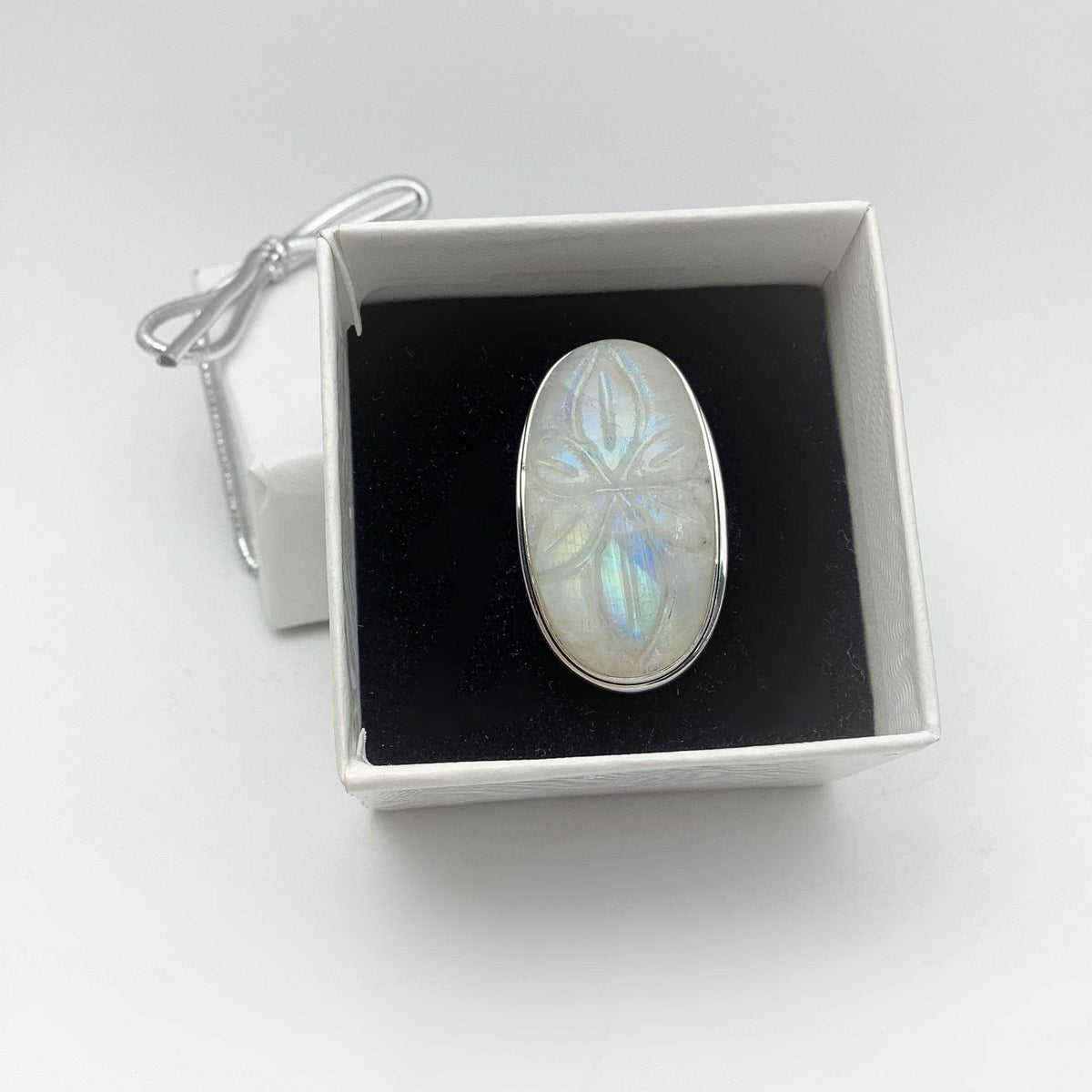 Rainbow Moonstone Flower Carving Ring-Rocks and Gems Canada