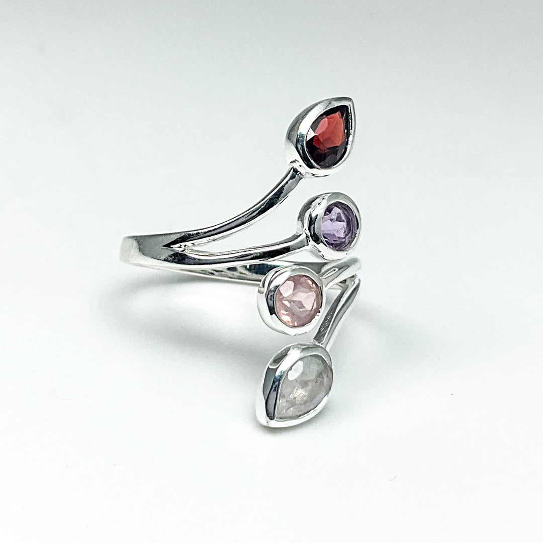 Rainbow Moonstone, Rose Quartz, Amethyst, and Garnet Multistone Ring-Rocks and Gems Canada