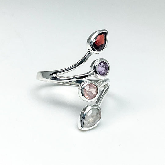Rainbow Moonstone, Rose Quartz, Amethyst, and Garnet Multistone Ring-Rocks and Gems Canada