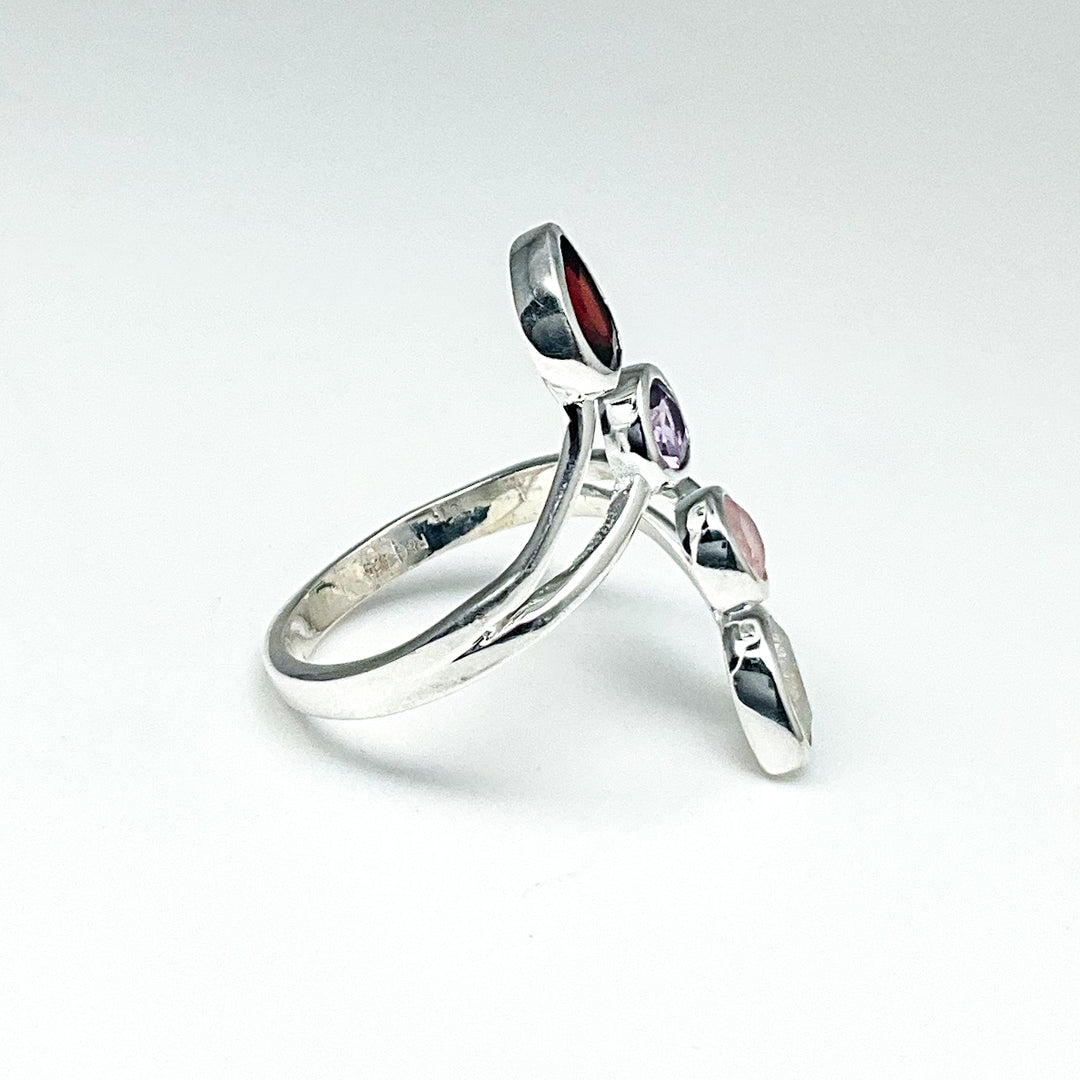 Rainbow Moonstone, Rose Quartz, Amethyst, and Garnet Multistone Ring-Rocks and Gems Canada