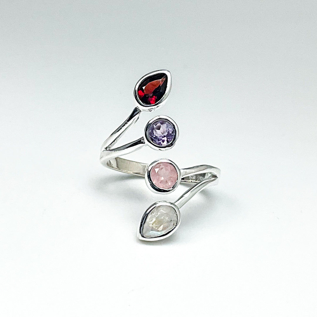 Rainbow Moonstone, Rose Quartz, Amethyst, and Garnet Multistone Ring-Rocks and Gems Canada