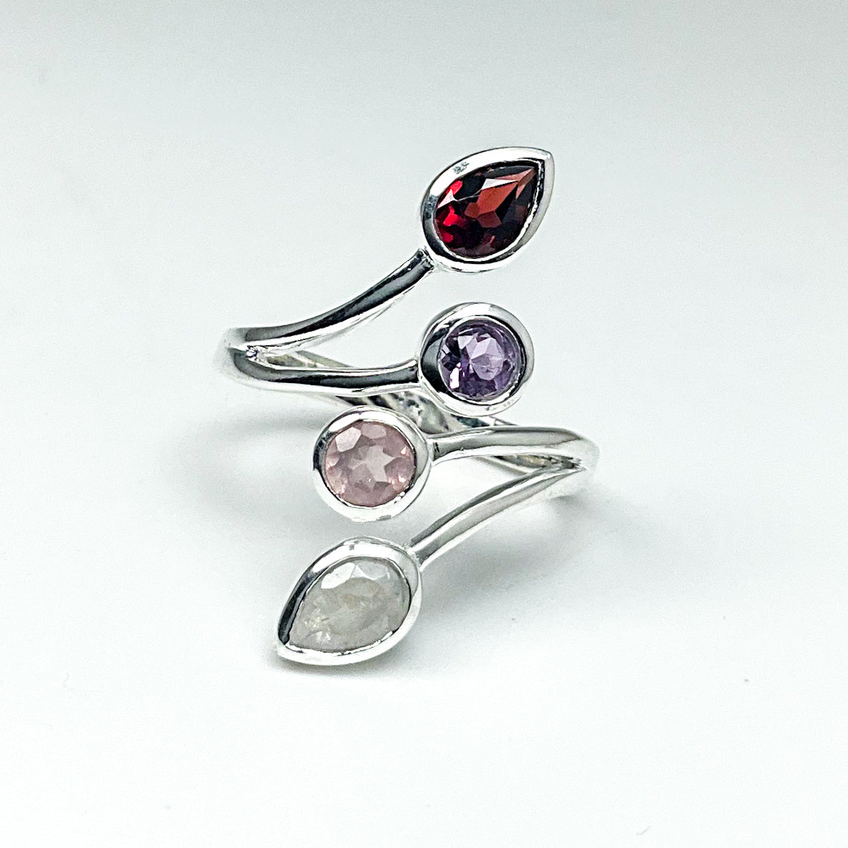 Rainbow Moonstone, Rose Quartz, Amethyst, and Garnet Multistone Ring-Rocks and Gems Canada