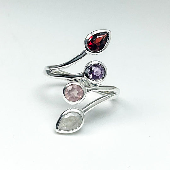 Rainbow Moonstone, Rose Quartz, Amethyst, and Garnet Multistone Ring-Rocks and Gems Canada
