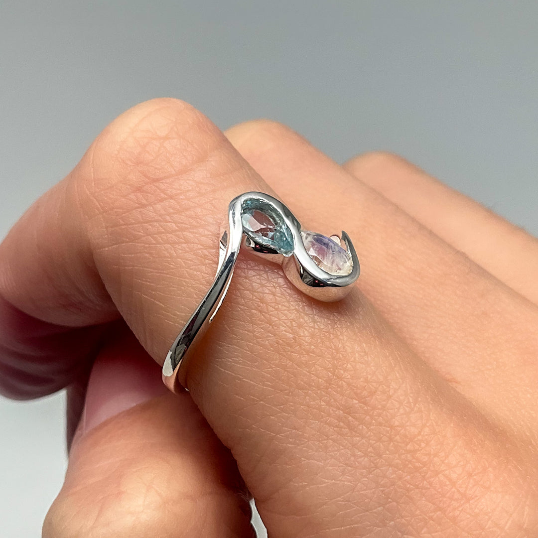 Rainbow Moonstone and Blue Topaz Ring-Rocks and Gems Canada