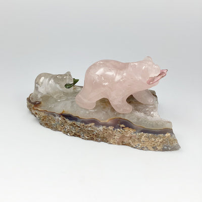 Rose Quartz and Quartz Mother and Cub Bears With Jade and Rhodonite Fish on Agate Base