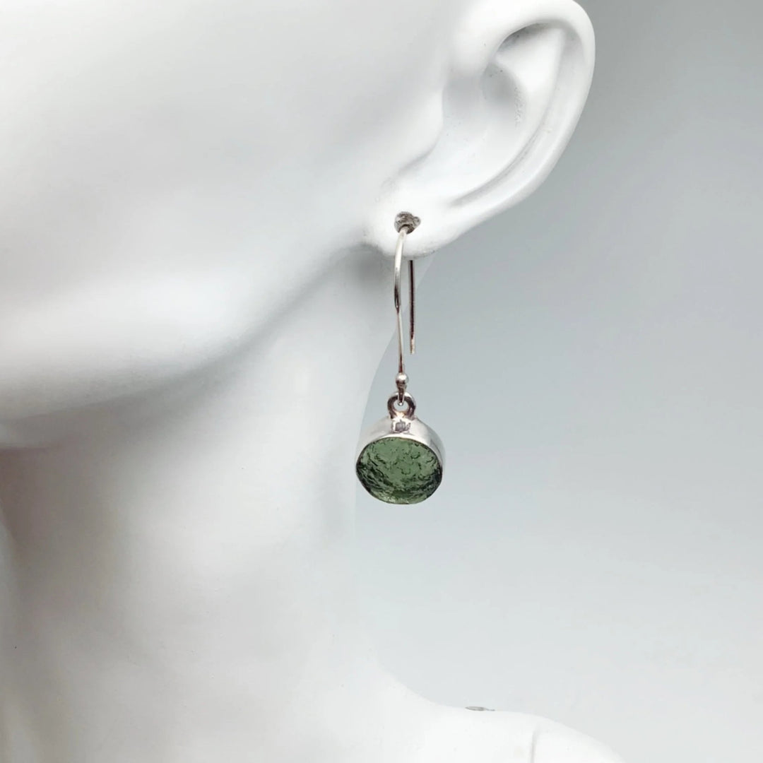 Moldavite Round Dangle Earrings - Rocks and Gems Canada