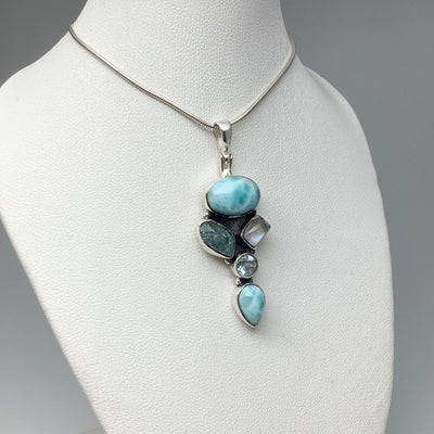 Larimar, Aquamarine, Rainbow Moonstone and Blue Topaz Pendant
