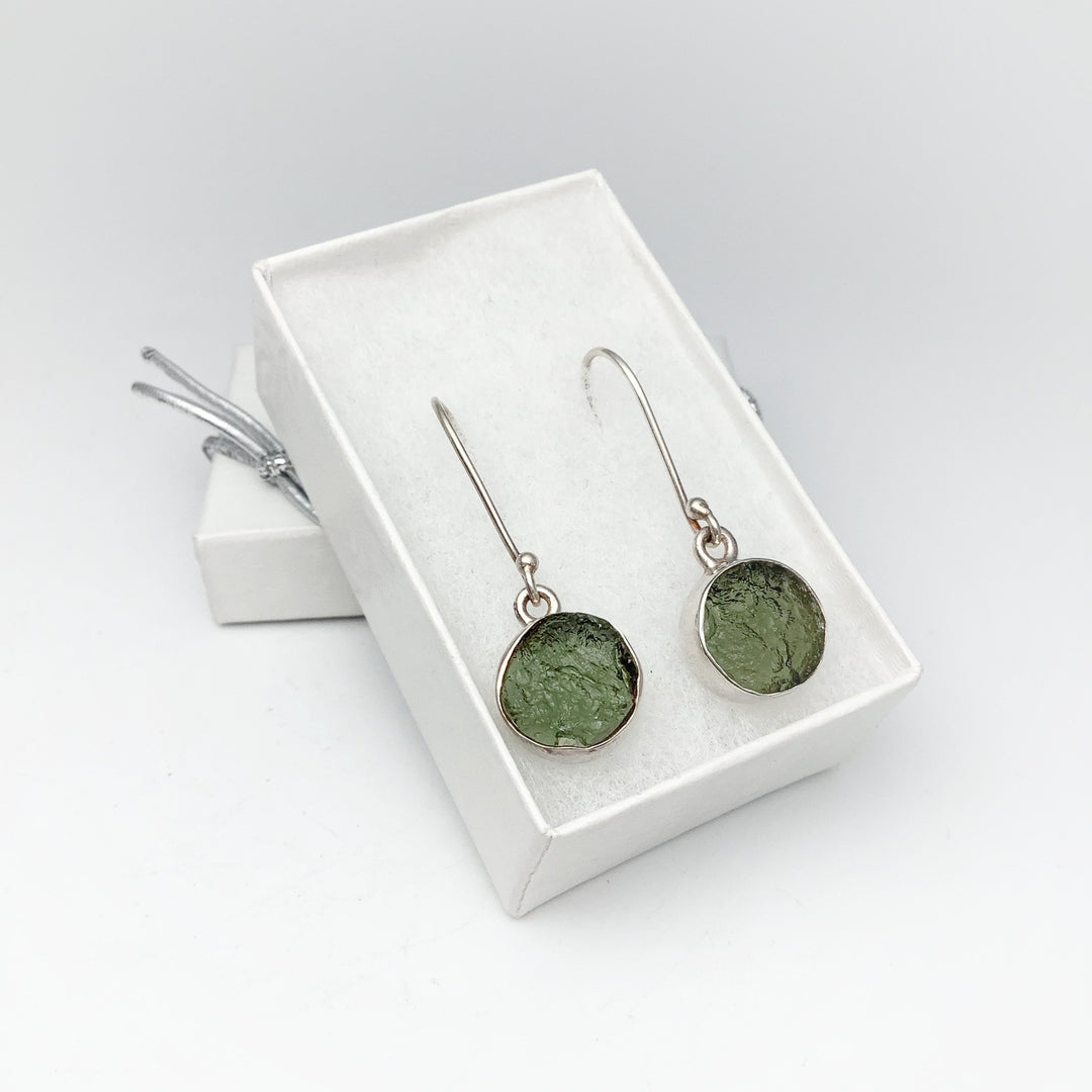 Moldavite Round Dangle Earrings - Rocks and Gems Canada