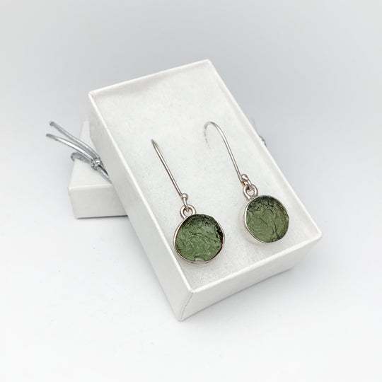 Moldavite Round Dangle Earrings - Rocks and Gems Canada