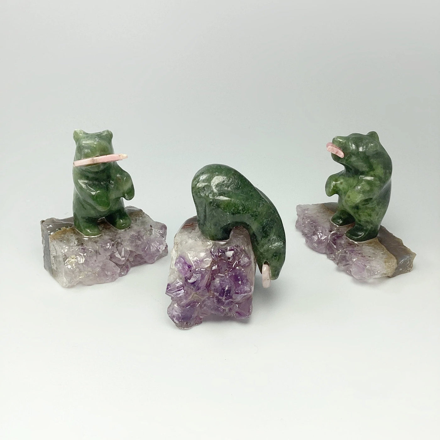 Jade Bear Carving with Rhodonite Fish on Amethyst Base