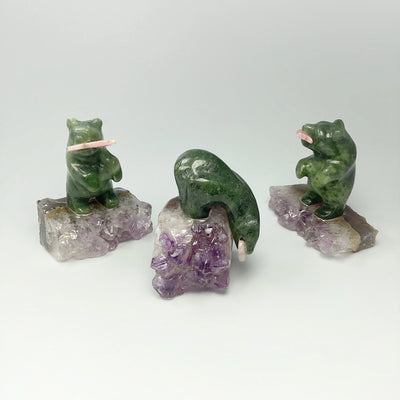 Jade Bear Carving with Rhodonite Fish on Amethyst Base