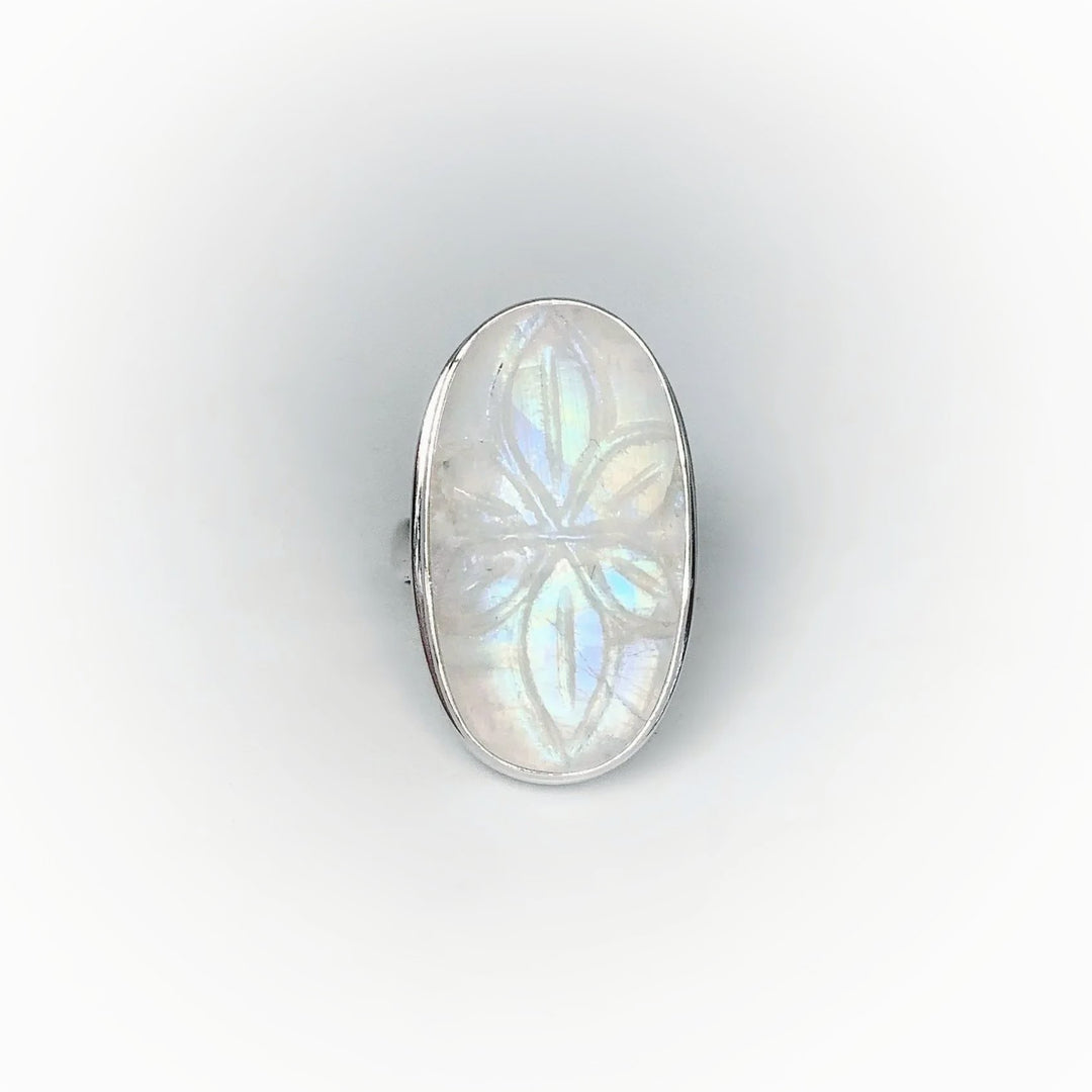 Rainbow Moonstone Flower Carving Ring - Rocks and Gems Canada