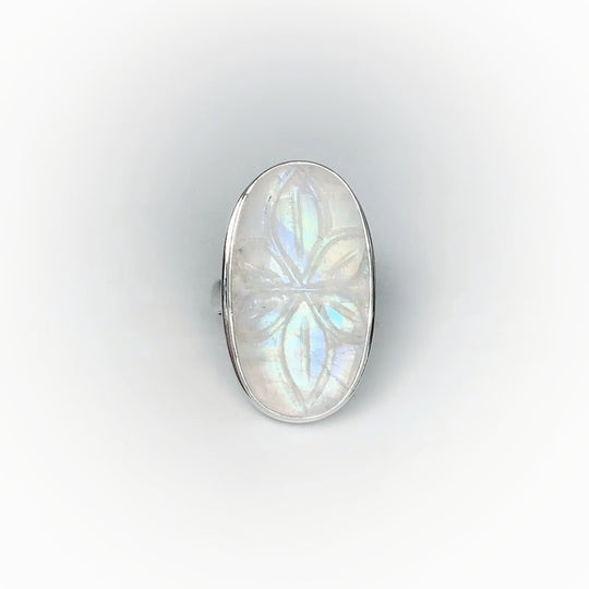 Rainbow Moonstone Flower Carving Ring - Rocks and Gems Canada