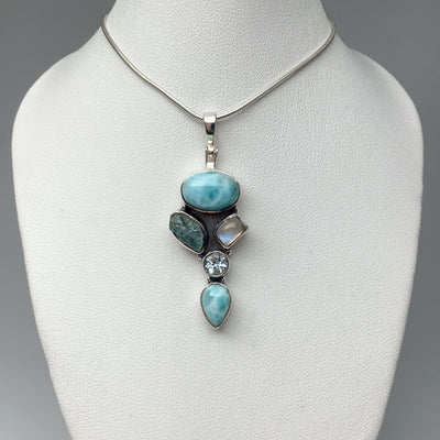 Larimar, Aquamarine, Rainbow Moonstone and Blue Topaz Pendant