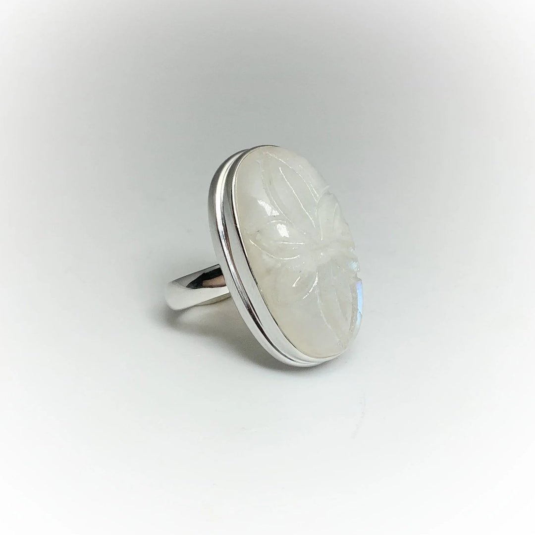 Rainbow Moonstone Flower Carving Ring - Rocks and Gems Canada