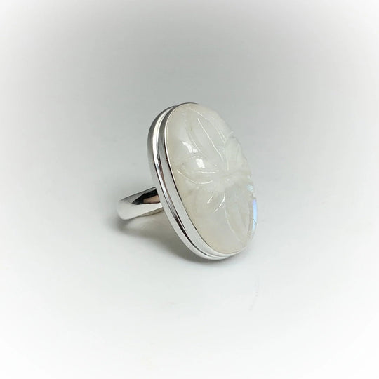 Rainbow Moonstone Flower Carving Ring - Rocks and Gems Canada