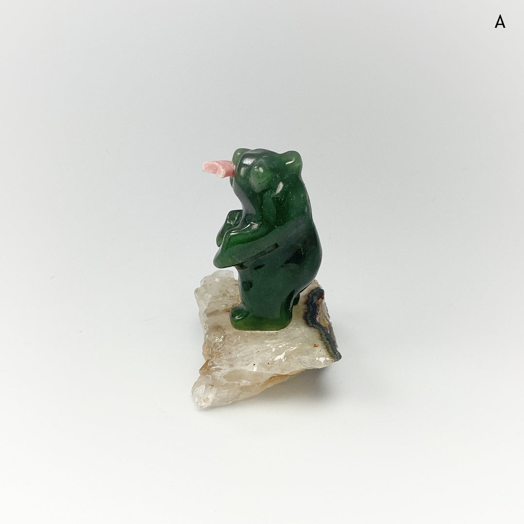 Jade Bear Carving with Rhodonite Fish on Base - Rocks and Gems Canada