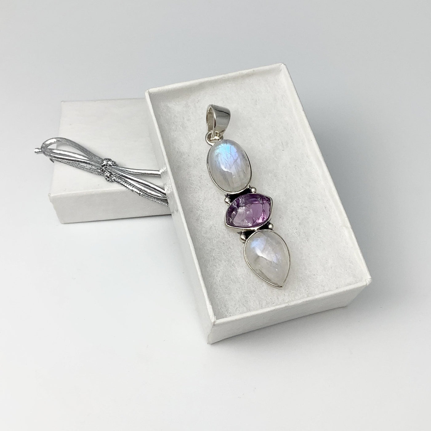 Rainbow Moonstone and Raw Amethyst Pendant