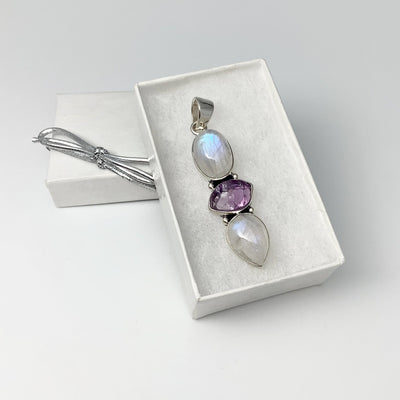 Rainbow Moonstone and Raw Amethyst Pendant