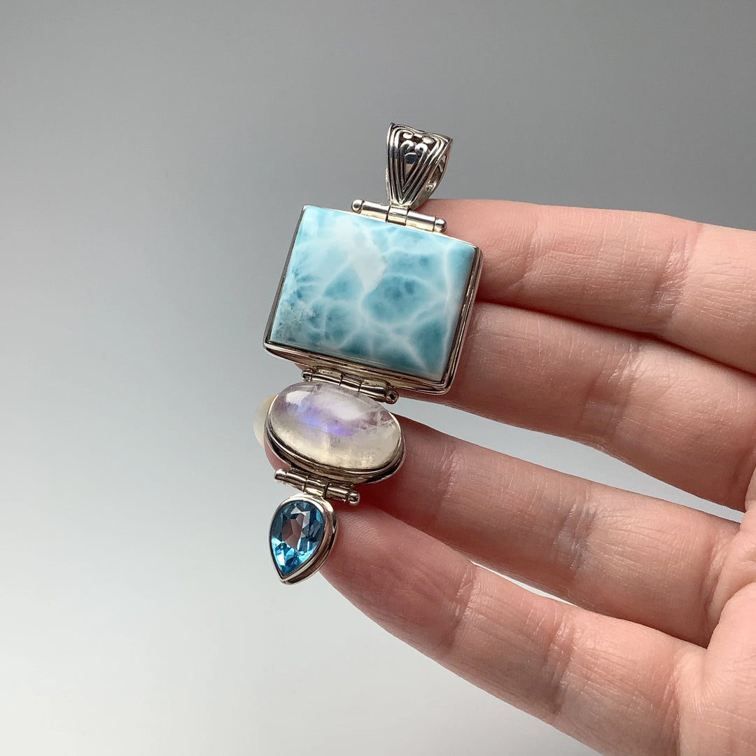 Larimar, Rainbow Moonstone and Blue Topaz Pendant - Rocks and Gems Canada
