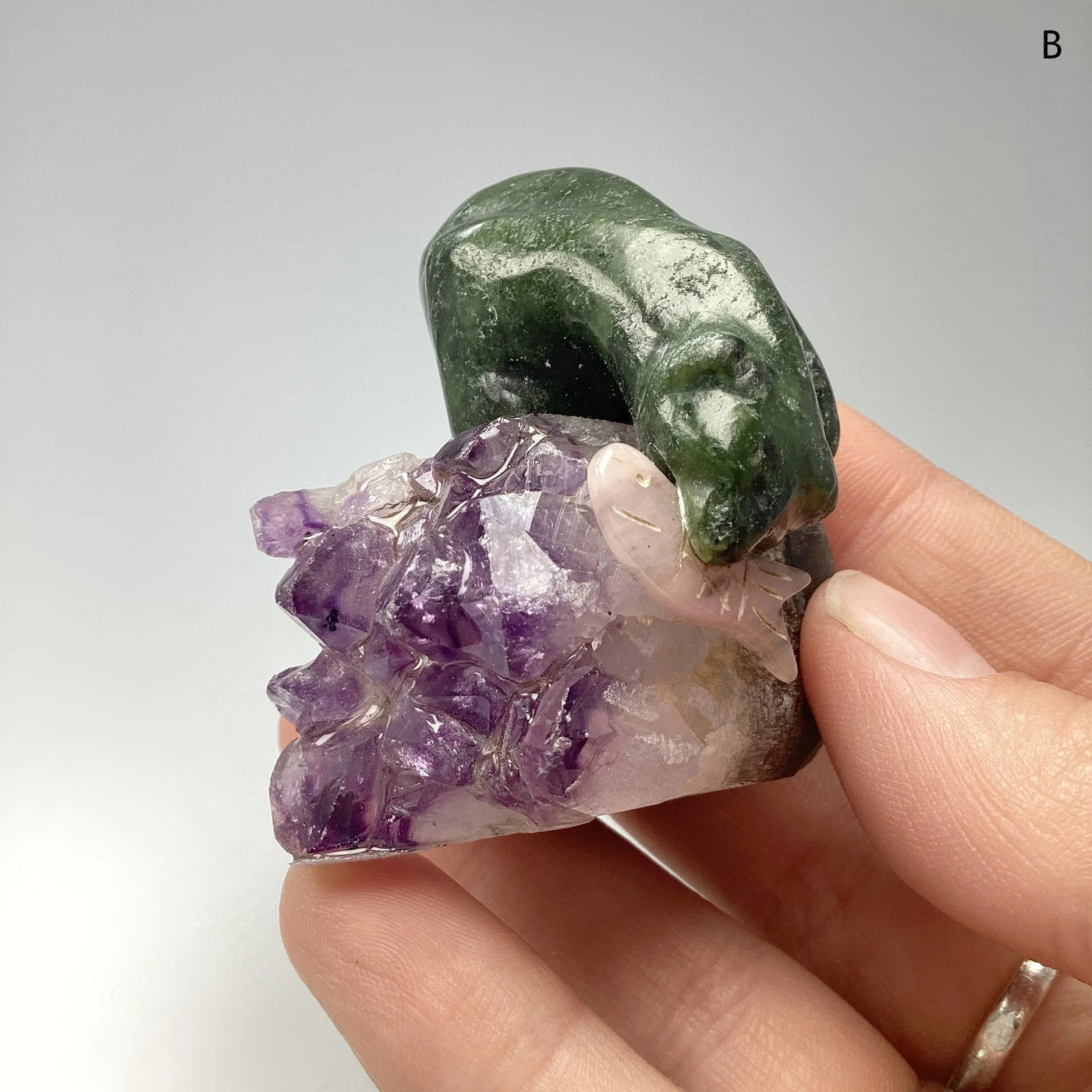 Jade Bear Carving with Rhodonite Fish on Amethyst Base